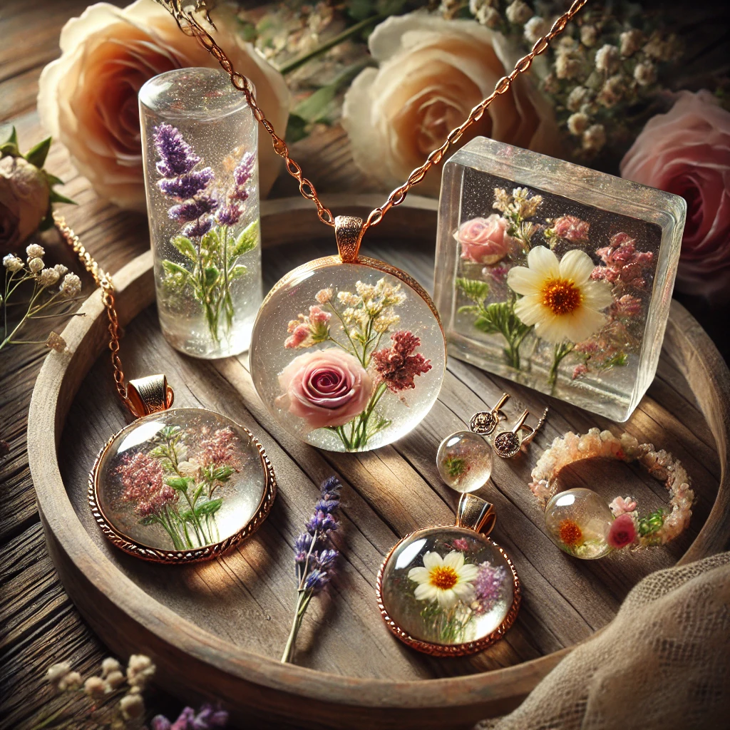 DALL·E 2024-12-17 10.43.07 - A stunning display of handcrafted resin jewelry featuring real flowers encased in clear resin. The pieces include a pendant necklace, earrings, and a