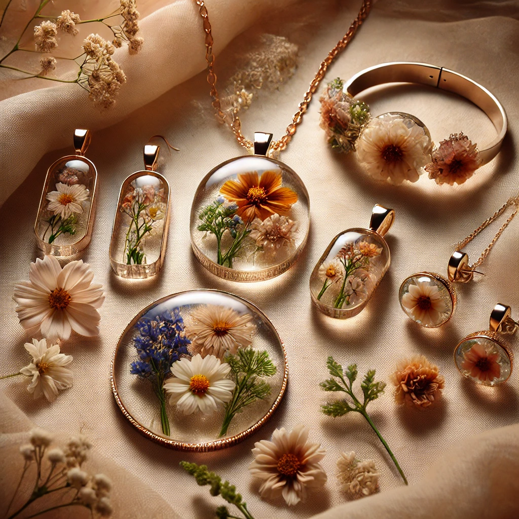 DALL·E 2024-12-17 10.44.33 - A beautiful arrangement of handcrafted resin jewelry with real flowers encased in clear resin. The pieces include a pendant necklace, drop earrings, a