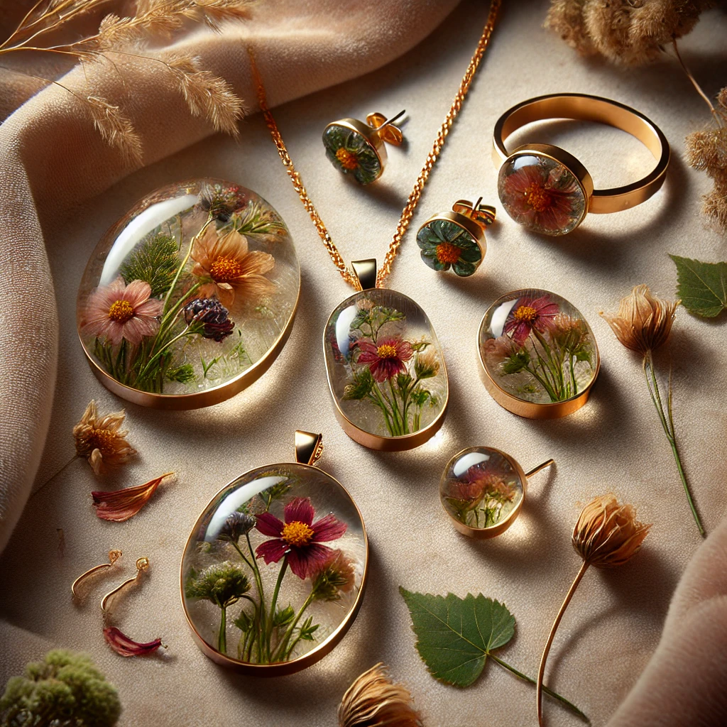 DALL·E 2024-12-17 10.45.36 - An artistic arrangement of handcrafted resin jewelry featuring real flowers encased in crystal-clear resin. The jewelry set includes a statement penda